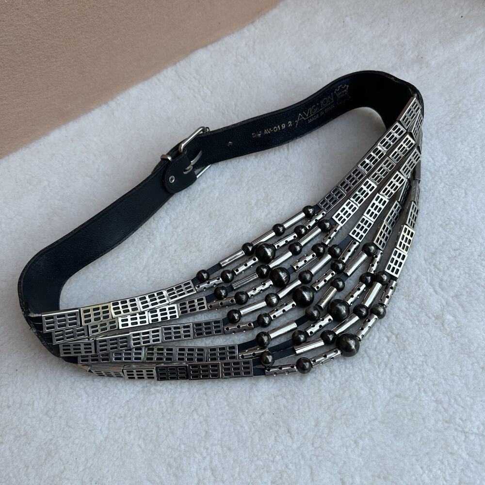 Avignon Vintage Belt 80s Leather silver Metal S/M Black Pristine 26.5-29" Spain